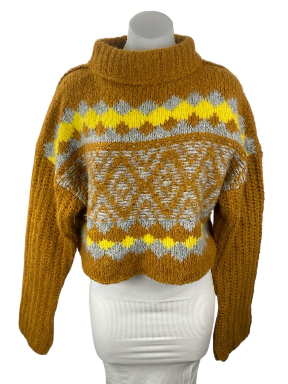 Free People Alpine Tan Wool Argyle Ribbed Mock Neck Cropped Sweater Top Size XS